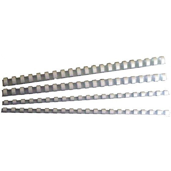 Four white GBC plastic binding combs lying horizontally on a white background, two thicker and two thinner