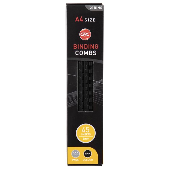 Black GBC Binding Combs box printed A4 size, 21 ring, 45 sheets 8mm, 100 pack, black colour, with black combs in the window