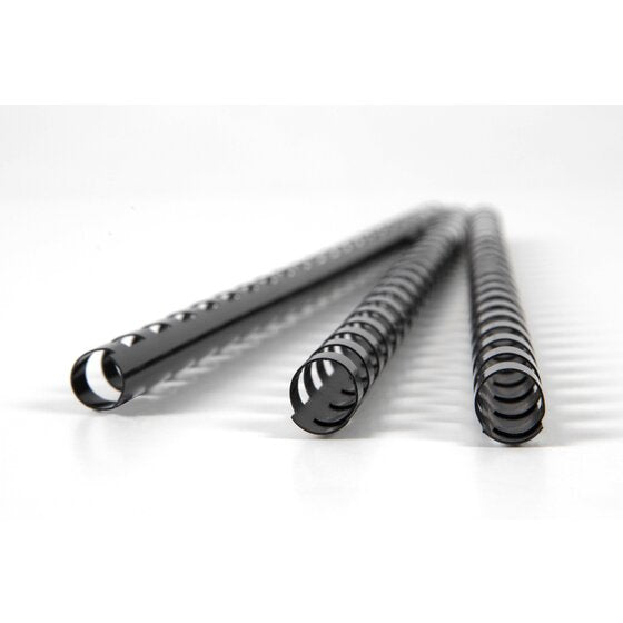 Three black GBC plastic binding combs on a white surface, pointing away from the camera with the curled rings in front