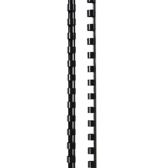 Two black GBC plastic binding combs upright side by side, one face on and one side on to show the open rings