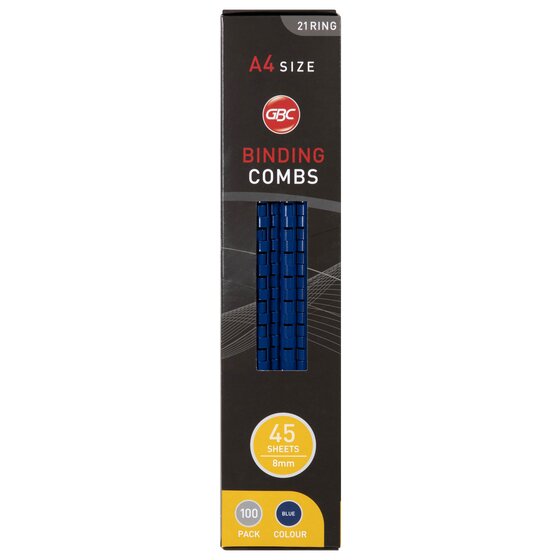 Black GBC Binding Combs box printed A4 size, 21 ring, 45 sheets 8mm, 100 pack, blue colour, with blue combs in the window