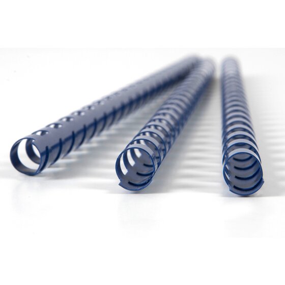 Three blue GBC plastic binding combs on a white surface, the round curled ends facing forward
