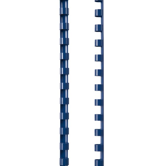 Two blue GBC plastic binding combs standing upright, one face on showing closed rings and one side on showing open rings