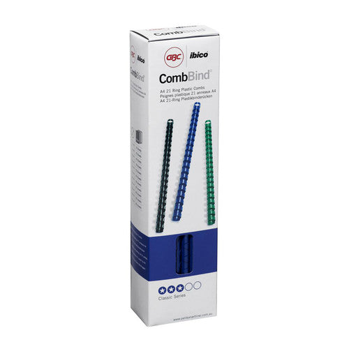 Older GBC ibico CombBind carton printed A4 21 Ring Plastic Combs, Classic Series, blue combs in the window, no size printed