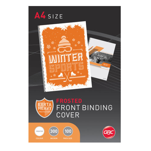 GBC A4 Frosted Polypropylene Binding Covers 300 micron pack of 100 shown upright on white background