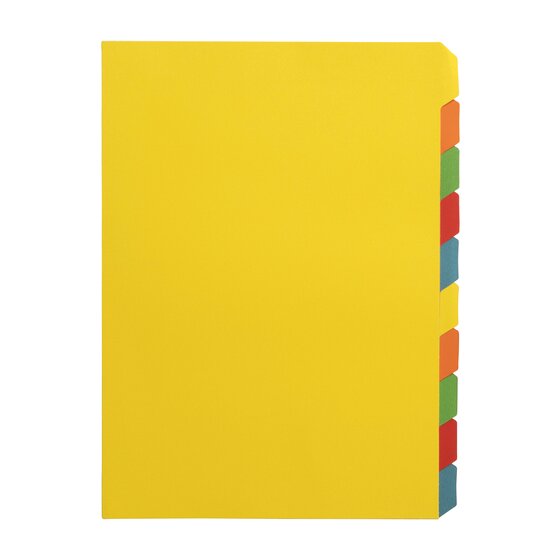 Set of A4 GBC manilla board dividers out of the pack, a yellow front sheet with ten staggered tabs in orange, green, red, blue and yellow down the side