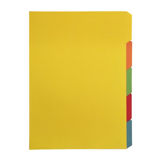 Five A4 GBC manilla board dividers out of the pack, a yellow front sheet with staggered orange, green, red, blue and yellow tabs down the side