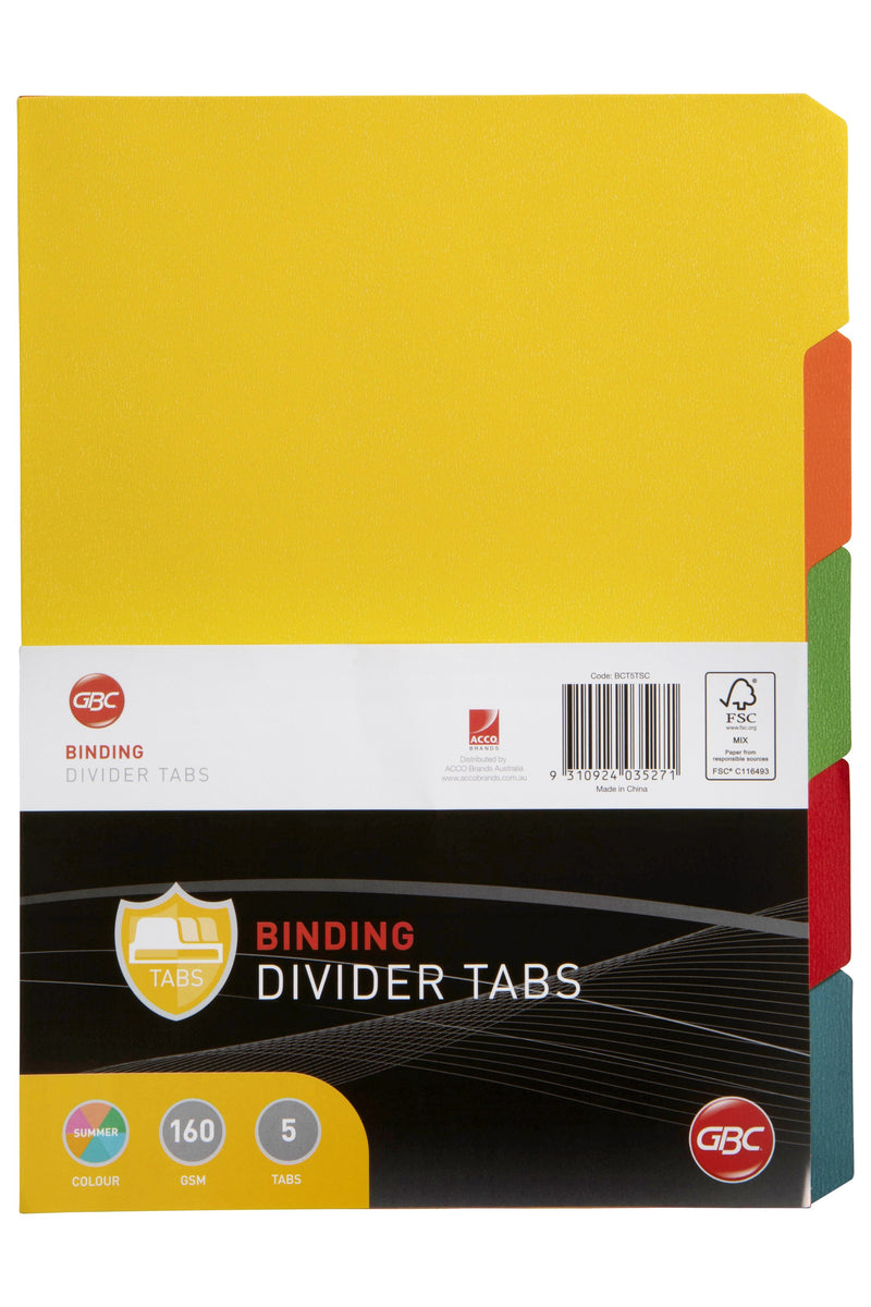 GBC Binding Divider Tabs pack of five A4 dividers, yellow front sheet with orange, green, red and blue tabs down the side, label printed Summer colour, 160 GSM and 5 tabs