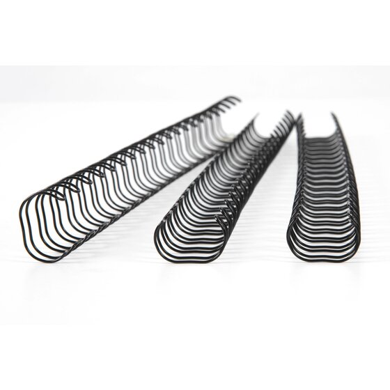 Three black GBC 21 loop binding wires set at an angle on white, the nearest wire showing its wide open double loops