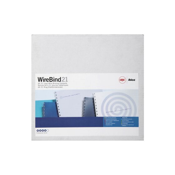 GBC ibico WireBind21 box photographed square on, printed A4 21 Loop Wire Binding Elements and Professional Series