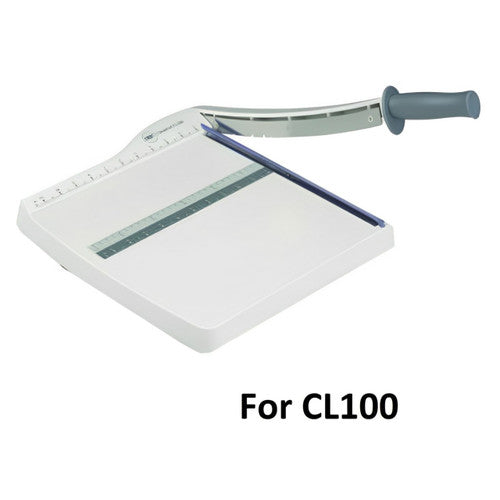 Grey and white GBC CL100 guillotine trimmer shown to identify the model this guard fits, captioned For CL100