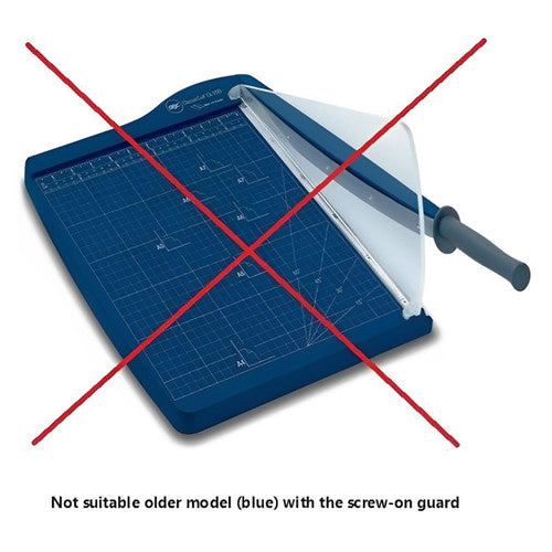 Older blue GBC trimmer crossed out in red with the caption not suitable older model with the screw on guard