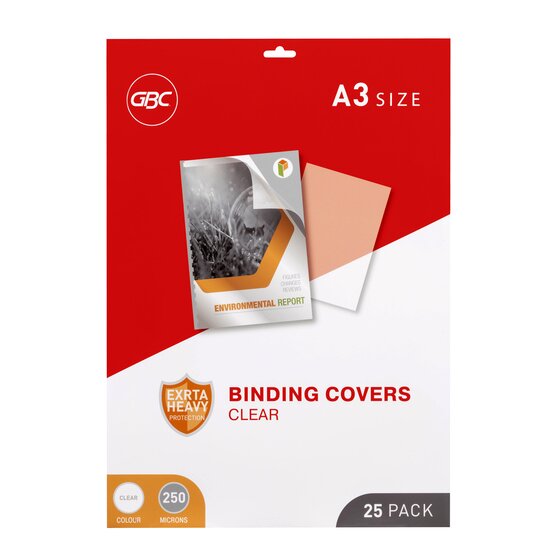 Red and white GBC pack of clear A3 binding covers with an extra heavy protection shield, colour clear, 250 microns and 25 pack