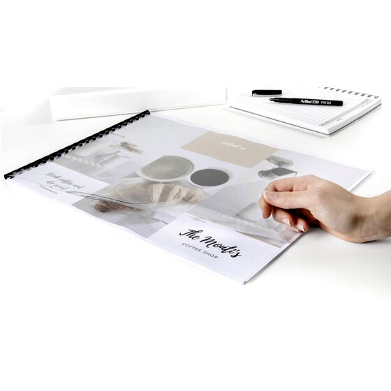 Landscape cafe presentation bound with a black plastic comb, a hand lifting its clear A3 front cover away from the first page