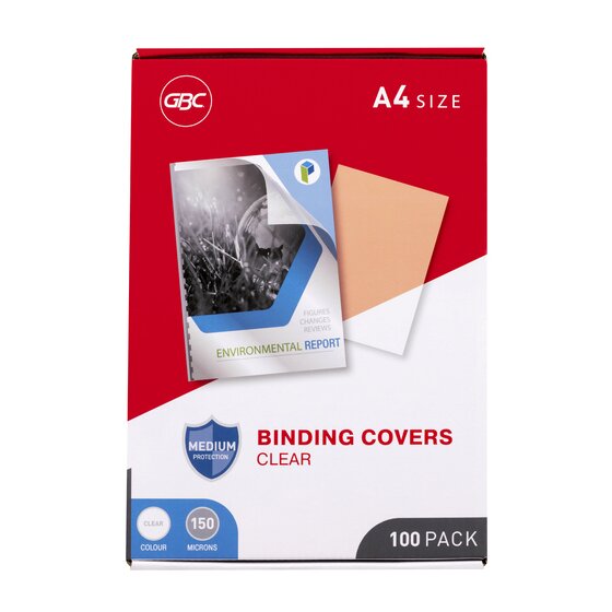 Red and white GBC box of clear A4 binding covers, marked medium protection, colour clear, 150 microns and 100 pack
