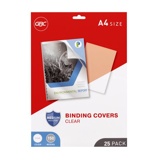 Red and white GBC pack of clear A4 binding covers, marked medium protection, colour clear, 150 microns and 25 pack