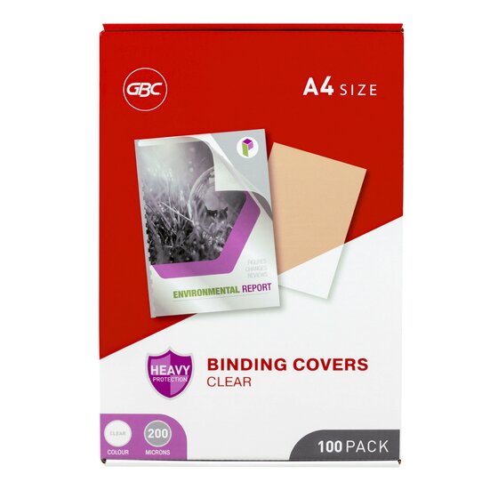 Red and white GBC box of clear A4 binding covers, marked heavy protection, colour clear, 200 microns and 100 pack