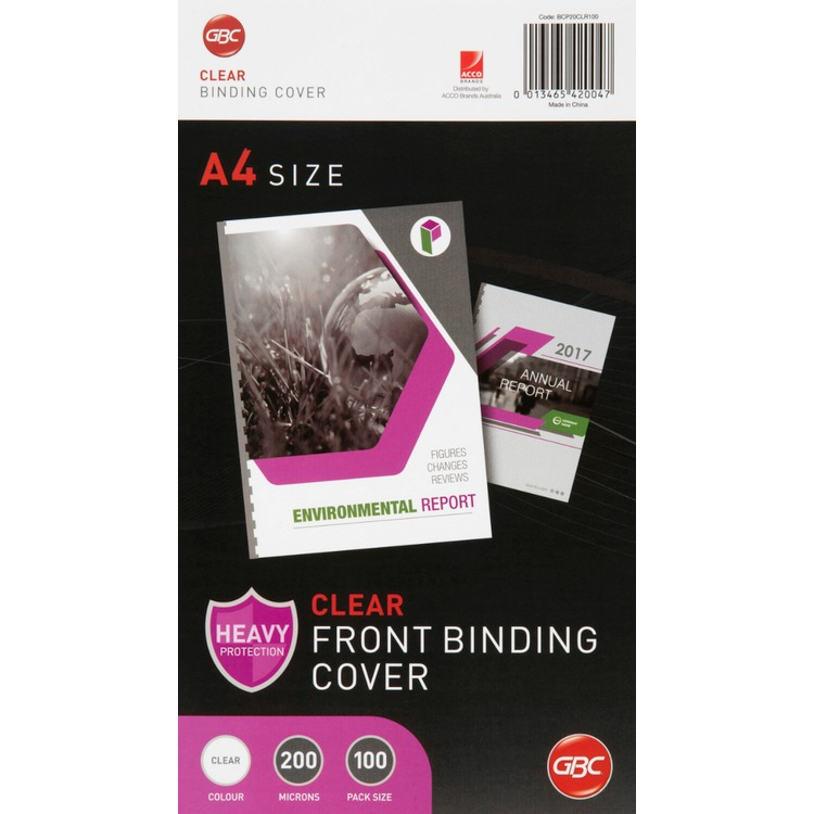 Older GBC pack of clear front binding covers with a top label reading code BCP20CLR100, a barcode and Made in China, marked 200 microns and 100 pack size