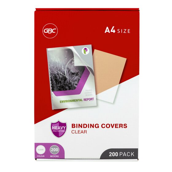 Red and white GBC box of clear A4 binding covers, marked heavy protection, colour clear, 200 microns and 200 pack