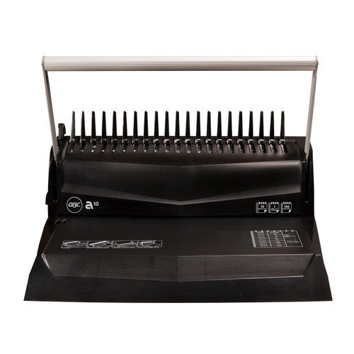 GBC CombBind A10 comb binder in black with a silver overhead lever, comb pins raised and the a10 badge and capacity icons on the front