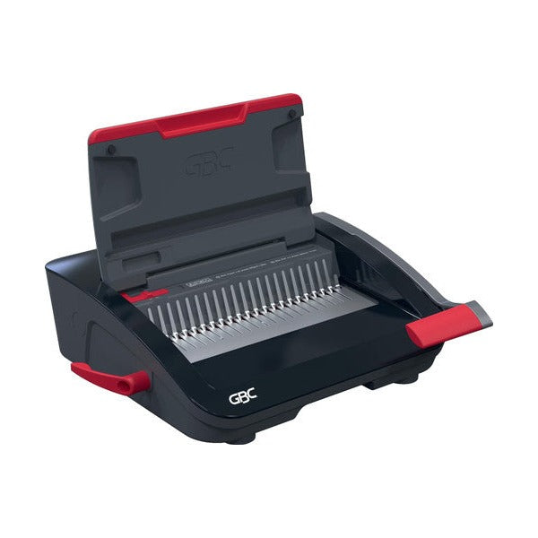 GBC CombBind CB20 manual comb binding machine in black and red with the lid raised and a row of comb pins in the opener