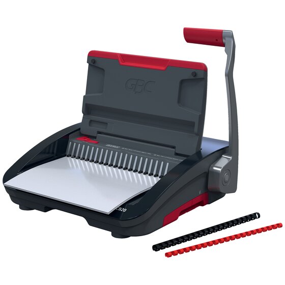 GBC CombBind CB20 with its side handle raised and a sheet in the punch, a black and a red plastic comb lying beside it