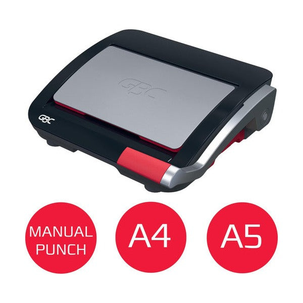 GBC CombBind CB20 with the lid closed and a red side handle, shown above badges reading manual punch, A4 and A5