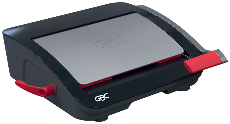 GBC CombBind CB20 with its grey lid closed flat, black body, red side lever and the red grip of the handle folded down at the front right