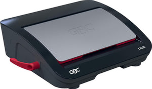 GBC CombBind CB25E electric comb binder closed, with CB25E printed on the black front and a red comb lever at the side
