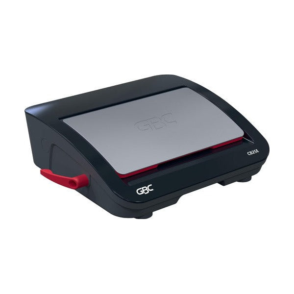 GBC CombBind CB25E electric comb binder closed, with CB25E printed on the black front and a red comb lever at the side