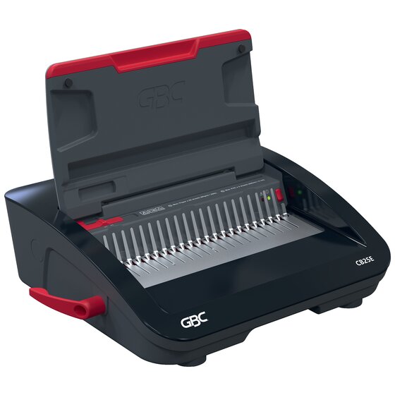 GBC CombBind CB25E with the lid up showing the comb pins and small indicator lights beside the punch