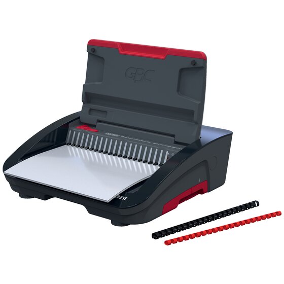 GBC CombBind CB25E with a white sheet in the punch slot and a black and a red plastic comb laid in front