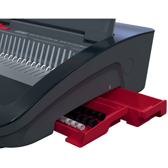 Red storage drawer pulled out from the side of the GBC CombBind CB25E holding spare plastic combs