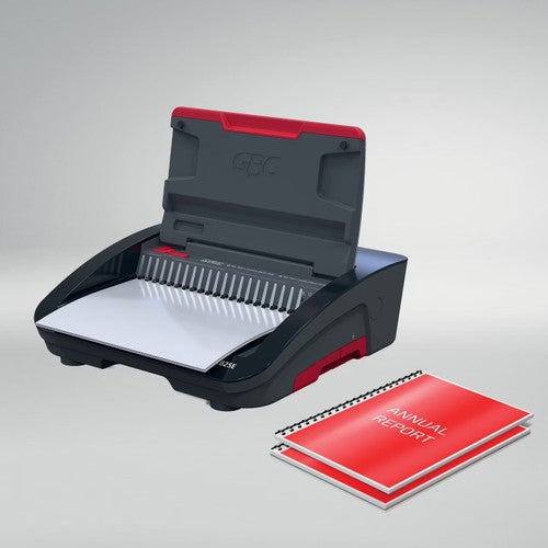 GBC CombBind CB25E on a grey backdrop with a red comb bound annual report resting beside it