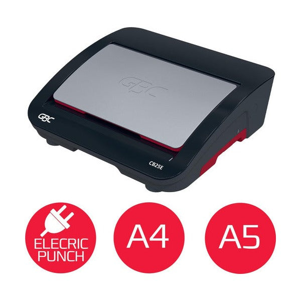 GBC CombBind CB25E closed above three red badges for electric punch, A4 and A5