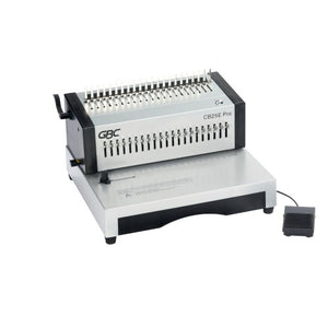 GBC CombBind CB25E Pro electric comb binder in grey and black with CB25E Pro printed on the head and a foot pedal on a cable
