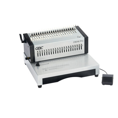 GBC CombBind CB25E Pro electric comb binder in grey and black with CB25E Pro printed on the head and a foot pedal on a cable