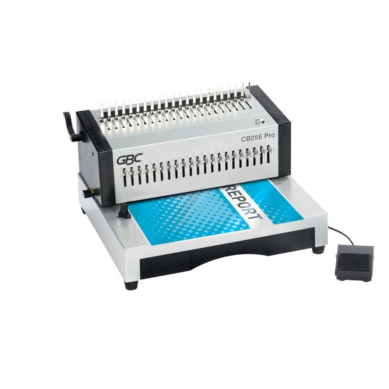 GBC CombBind CB25E Pro with a blue report cover lying on the base in front of the punch head and its foot pedal alongside