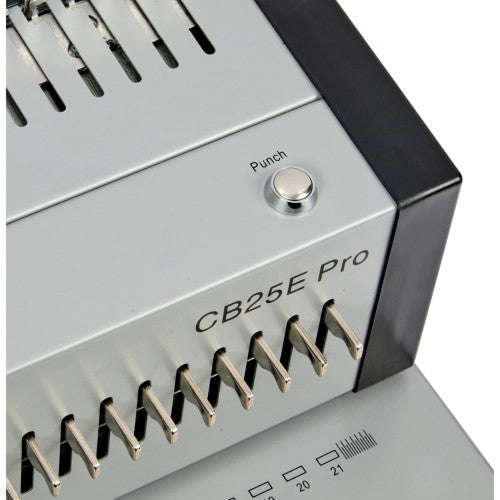 Close view of the Punch button on the head of the GBC CombBind CB25E Pro above the printed model name and hole guides