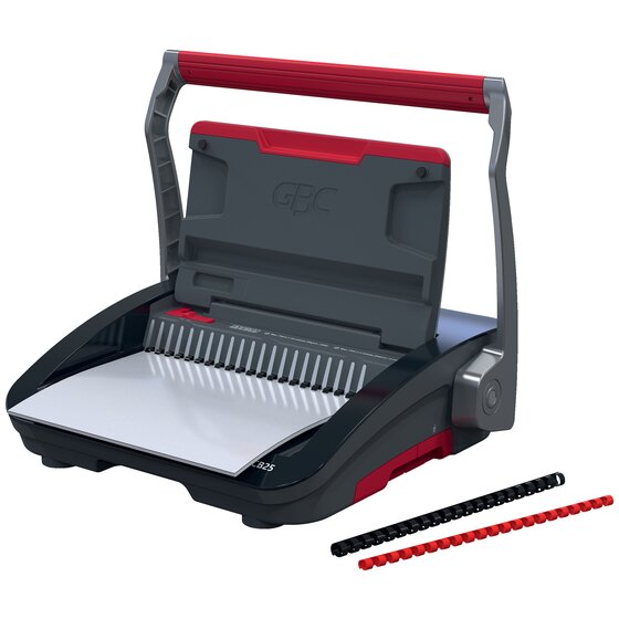 GBC CombBind CB25 with its handle raised, a white sheet sitting in the punch and a black and a red plastic comb in front