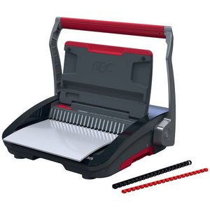 GBC CombBind CB25 with its handle raised, a white sheet sitting in the punch and a black and a red plastic comb in front