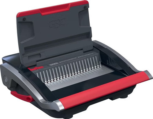 GBC CombBind CB25 manual comb binder with the red trimmed lid open showing the row of comb opening pins
