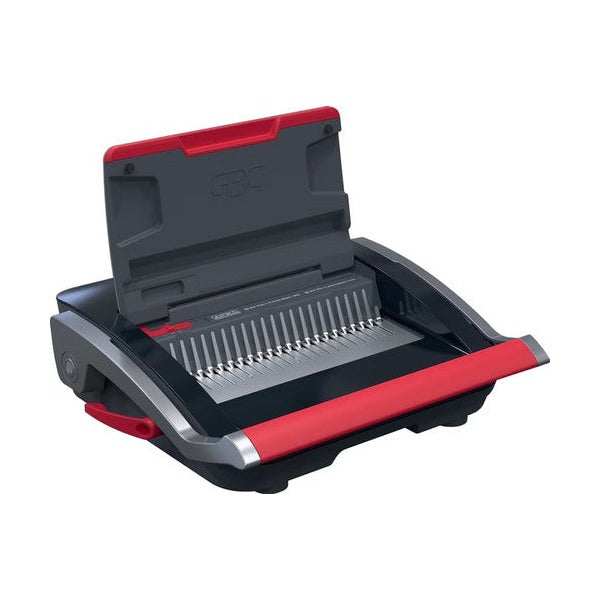 GBC CombBind CB25 manual comb binder with the red trimmed lid open showing the row of comb opening pins