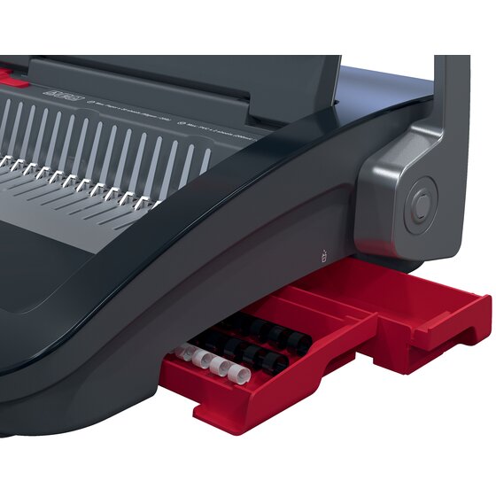 Side of the GBC CombBind CB25 with the red drawer slid out holding spare black and white plastic combs