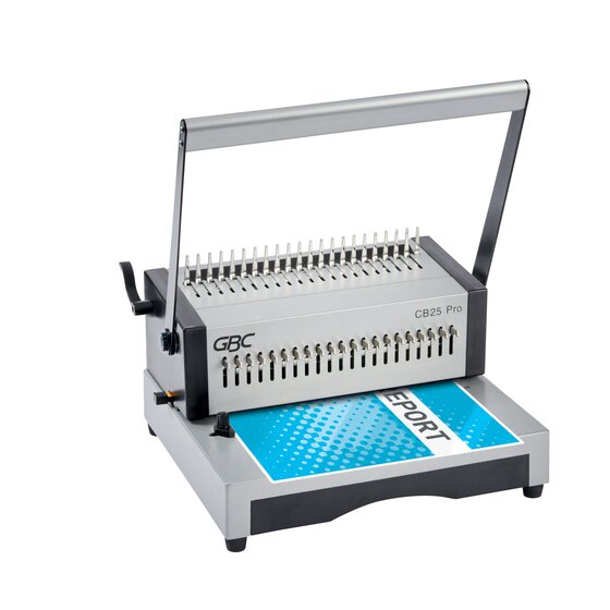 GBC CombBind CB25 Pro with a blue report cover lying on the base in front of the punch head