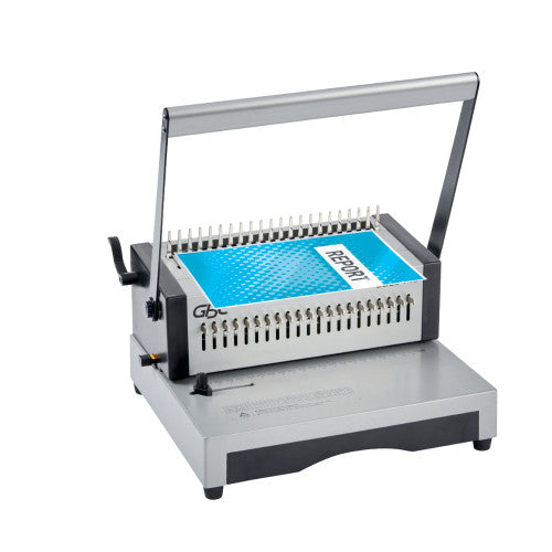 GBC CombBind CB25 Pro with a blue report cover hung on the comb pins, overhead lever raised behind