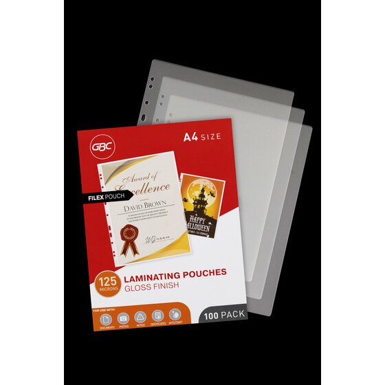 GBC Filex 125 micron A4 laminating pouch box in front of three loose pouches with punched edges on a black background