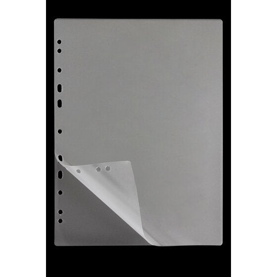 Single clear GBC Filex A4 laminating pouch with a row of punched holes along the left edge and the lower corner peeled open