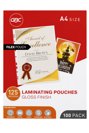 Straight-on front of the red and white GBC A4 size box of 100 Filex pouches, 125 microns, gloss finish, with a punched certificate and Filex Pouch label