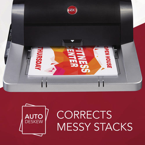 GBC Foton 30 feature panel on a dark red background showing printed posters sitting askew on the silver feed tray, with an Auto Deskew icon and the caption Corrects Messy Stacks.
